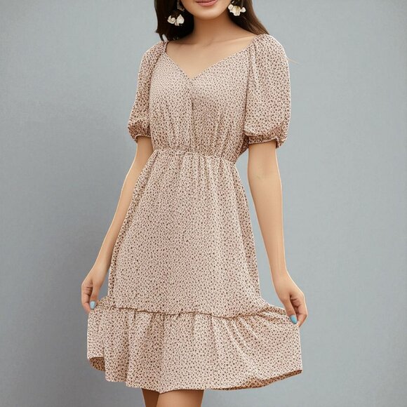 Sienna Sky Floral Tiered Midi Dress Sz M Puff Sleeve V-Neck Boho Dusty Pink Gold - Picture 1 of 16